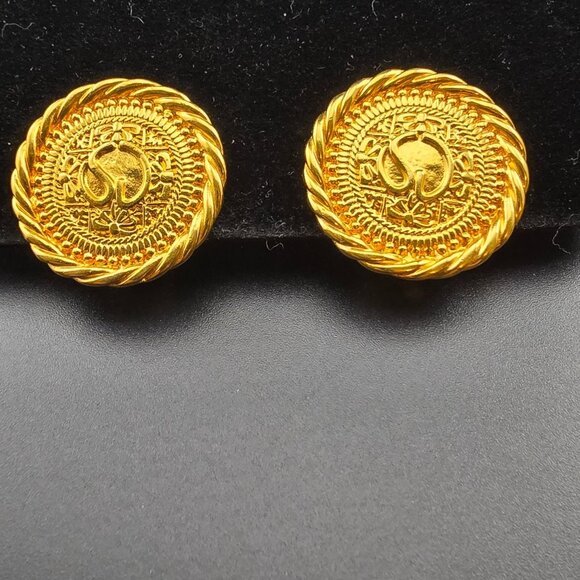 St. Johns Vintage Gold Tone Clip Earrings Coin-Like Twisted Rope Edge Elegant - Picture 4 of 10